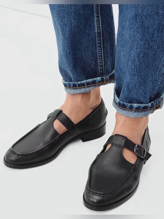 Everlane Shoes - Everlane Black Leather T-Strap Mary Jane Loafers Flat Buckle Shoes Size 9